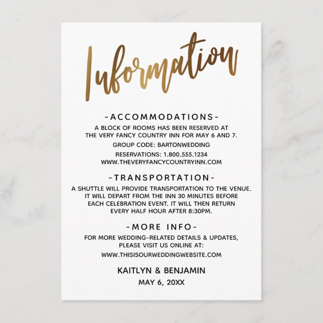 Einfache Imitate Goldtypografie Hochzeitsinformati Begleitkarte (Vorderseite)