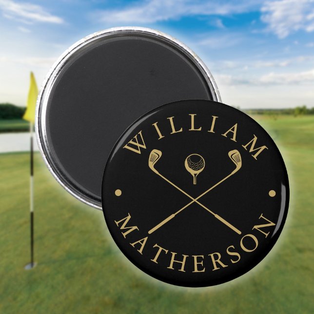 Einfache Individuelle Name Golfklubs Black and Gol Magnet (Simple Custom Name Golf Clubs Black And Gold Magnet)