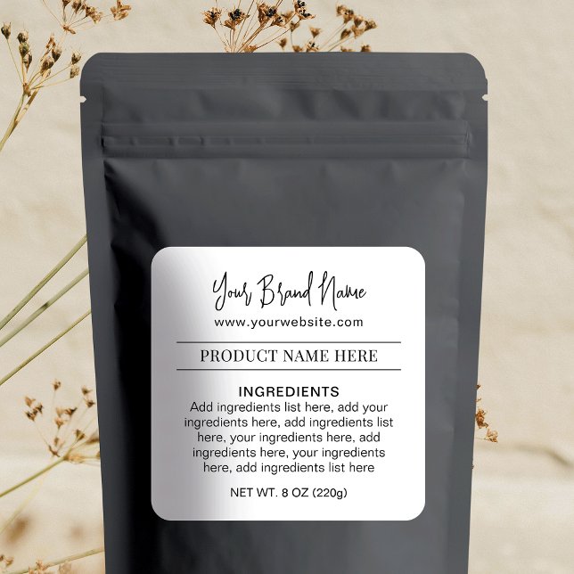 Einfache Inhaltsstoffe der schwarzen und weißen Ve Quadratischer Aufkleber (Complete your business packaging design with these simple product ingredients stickers)
