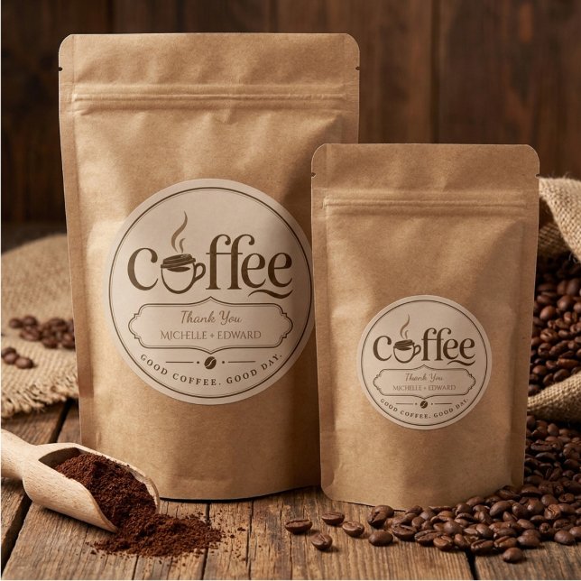 Einfache Kaffeebecher rustikale braune Bohnen Runder Aufkleber (Von Creator hochgeladen)
