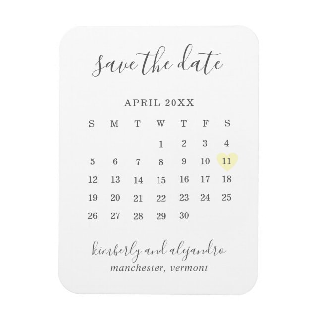 Einfache Kalenderpastel Gelbes Herz Save the Date Magnet (Vertikal)