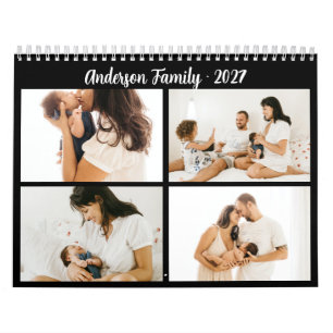 Einfache Kalligrafie-Familienfoto-Collage Schwarz Kalender