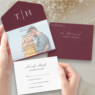 Einfache Kalligrafie-Foto-Bordeaux-RSVP-Hochzeit A All In One Einladung