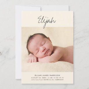 Einfache Kalligrafie Gelbes neues Baby-Foto Geburt Ankündigung