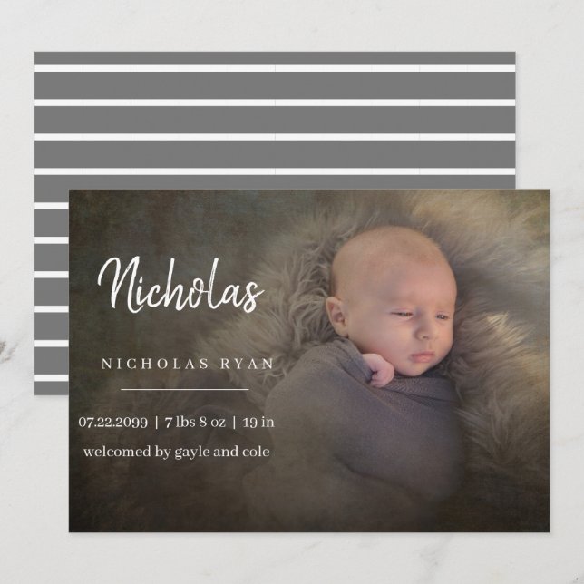 Einfache Kalligrafie-Kinderankündigung Einladung (Vorne/Hinten)