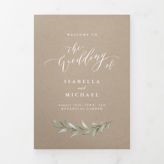 Einfache Kalligrafie rustikale Grünzeug Hochzeitsp Dreifach-gefaltete Programmkarte (Cover)