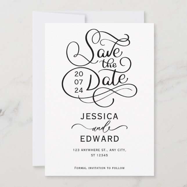Einfache Kalligrafie Script Moderne Minimal Chic Save The Date (Vorderseite)