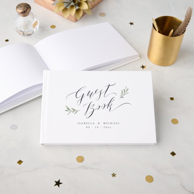 Einfache kalligraphische Hochzeit im rustikalen Gr Gästebuch (Vorderseite Offen)