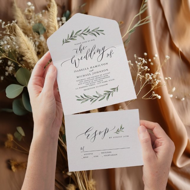 Einfache kalligraphische Hochzeit rustikaler Pflan All In One Einladung (Simple calligraphy rustic greenery wedding all in all in one invitation)