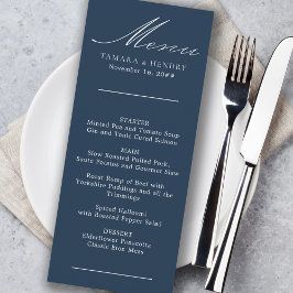 Einfache kalligraphische Navy Blue Wedding Menu Menükarte