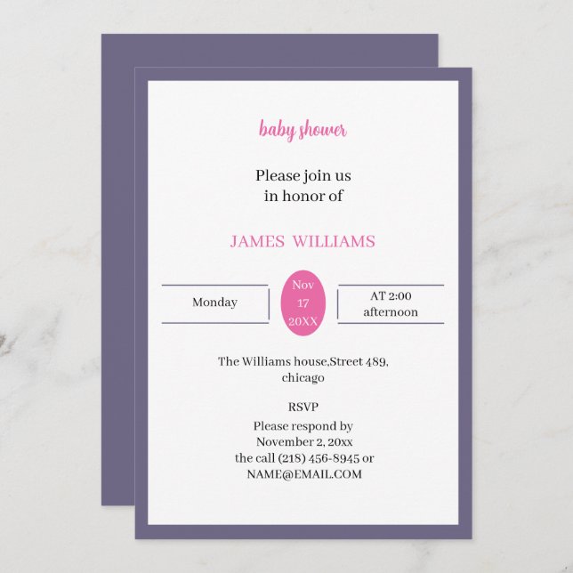 Einfache Kinderdusche für Lila und Rose Einladung (Vorne/Hinten)