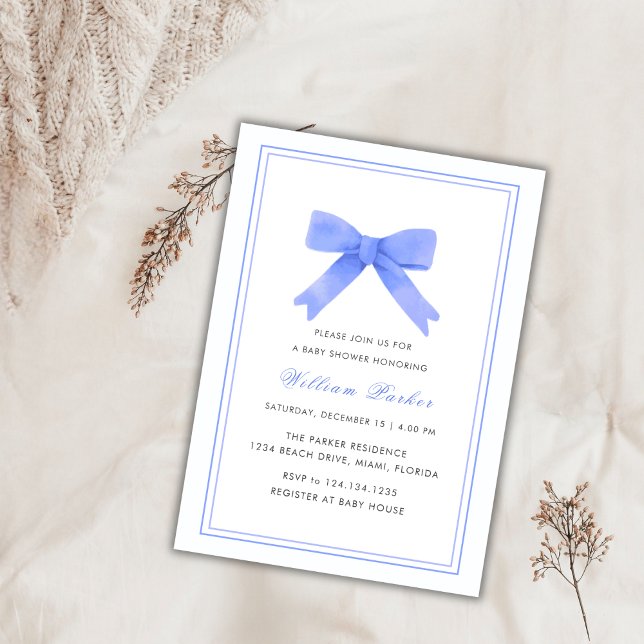 Einfache Kinderdusche für Wasserfarben Einladung (Simple Blue Watercolor Bow Boy Baby Shower Invitation)