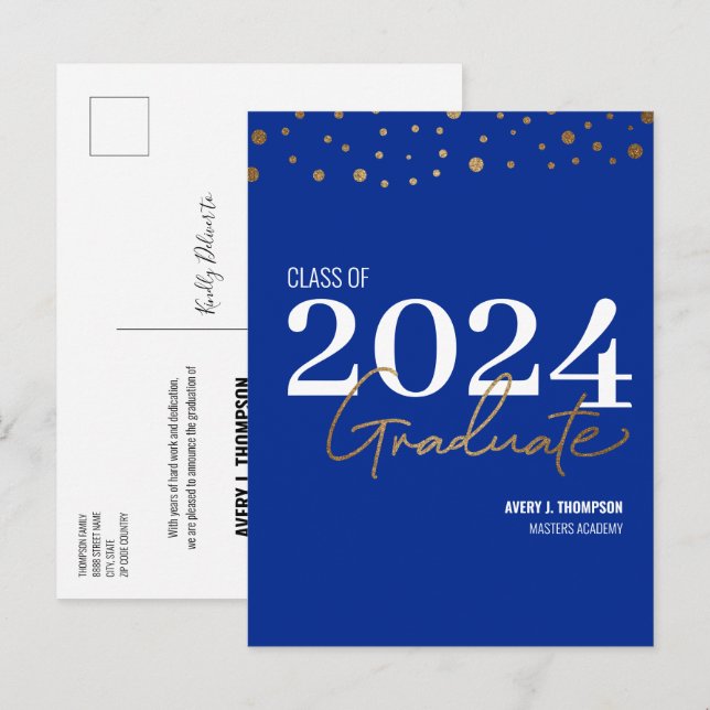 Einfache Klasse 2024 Graduate Blue Personalisiert Ankündigungspostkarte (Vorne/Hinten)