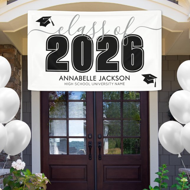 Einfache Klasse der Schwarz-weißen Graduierungspar Banner (Simple Class Of 2025 Black White Graduation Party Banner)
