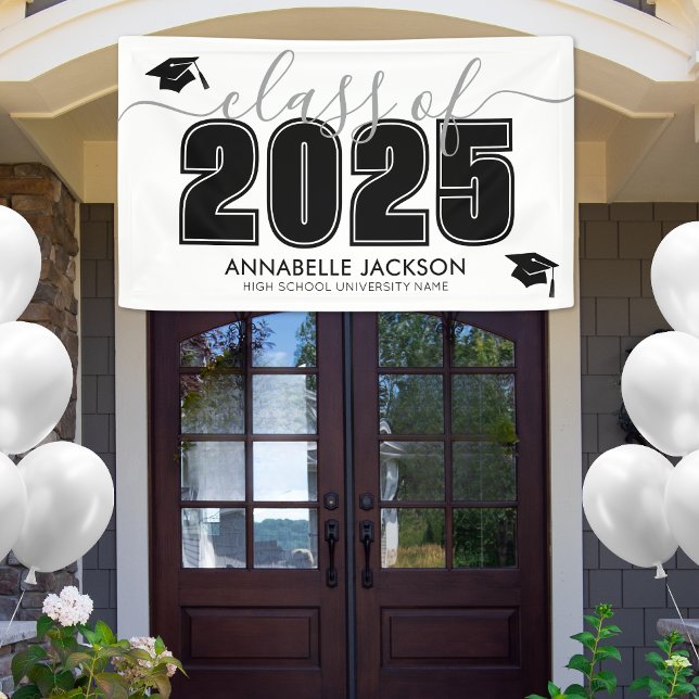 Einfache Klasse der Schwarz-weißen Graduierungspar Banner (Simple Class Of 2025 Black White Graduation Party Banner)