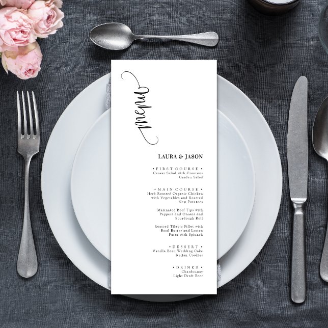 Einfache Klassik-Karten mit Schwarz-Weiß-Menü Menükarte (Simple classic black and white wedding menu cards create a timeless, elegant place setting)
