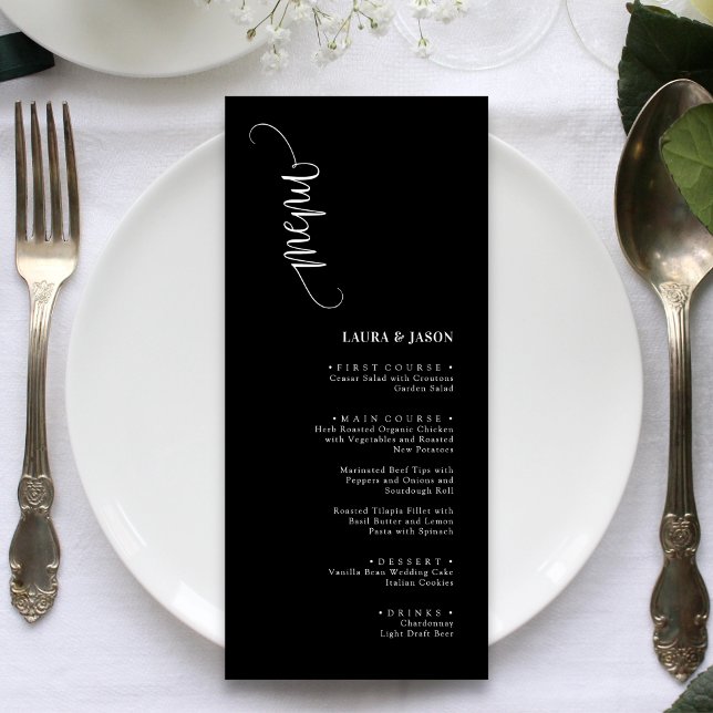 Einfache Klassik-Karten mit Schwarz-Weiß-Menü Menükarte (Simple classic black and white wedding menu cards bring timeless elegance to each place setting)