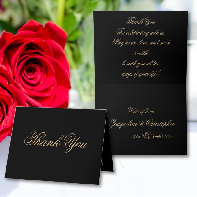 Einfache klassische Chic-Schrift elegant Schwarz u Dankeskarte (Simple, Elegant, Classic Chic Script - Black And Gold Thank You Card - inside and outside.)