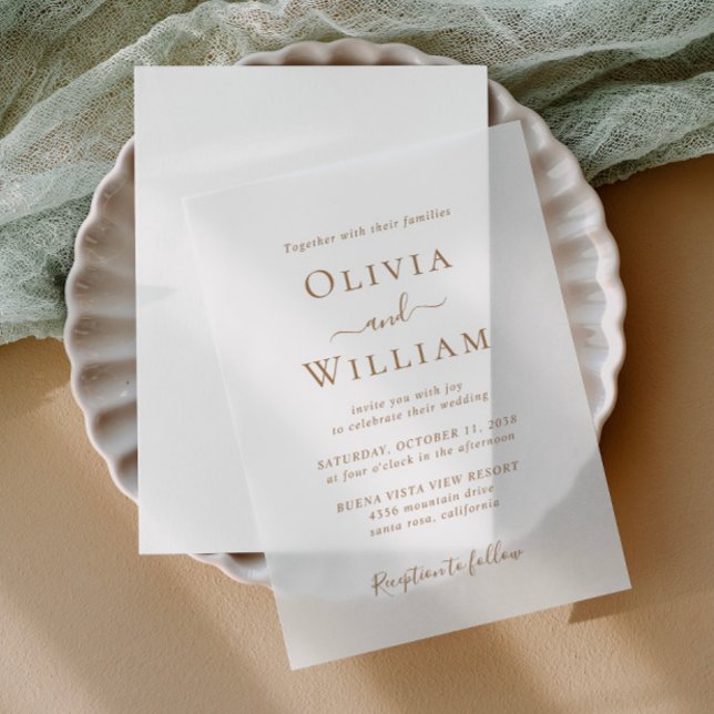 Einfache klassische Goldbriefe (Elevate your wedding reception invitations with the timeless beauty of vellum overlays)