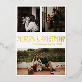 Einfache klassische Weihnachten Drei Foto Gold Folien Feiertagskarte