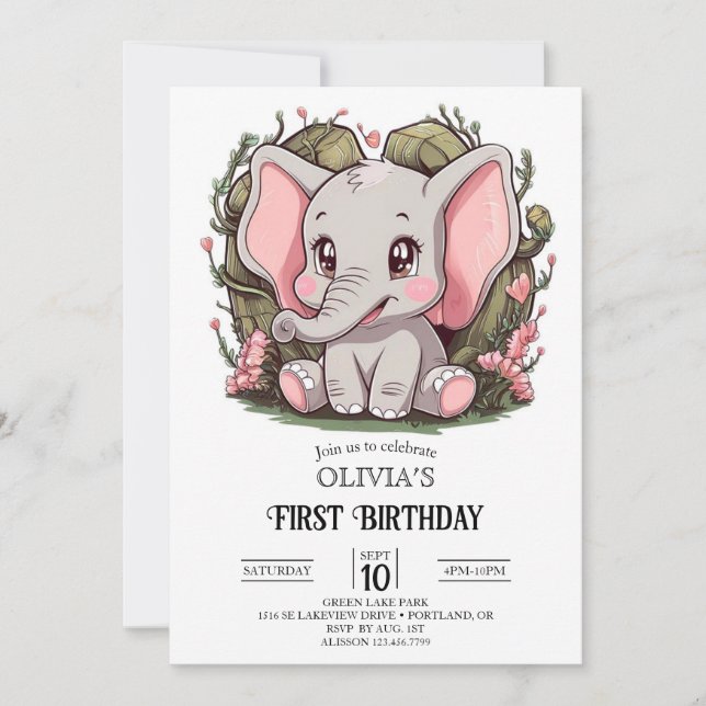 Einfache kleine Elefant 1. Geburtstag digital Einladung (Vorderseite)