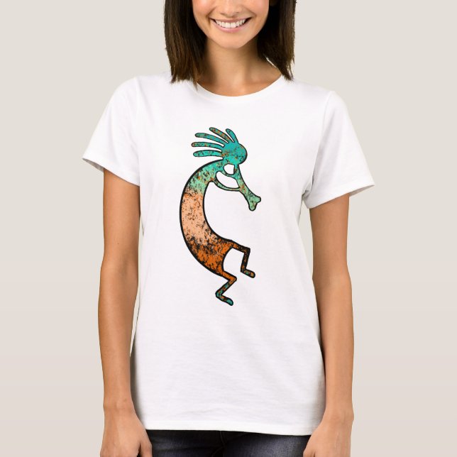 Einfache Kokopelli zeichnend in Orange und Blau T-Shirt (Vorderseite)