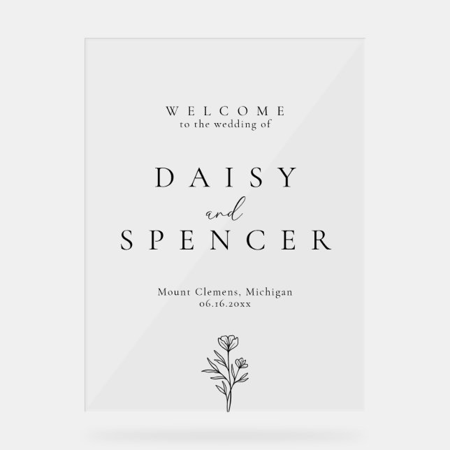 Einfache Kontur Hochzeit mit Blumen Willkommen Acrylschild (Vorderseite)