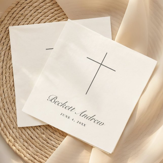 Einfache Kreuz-Schrift-Taufe Serviette (Simple Black and White Cross Script Baptism, Christening or First Holy Communion Napkins.)