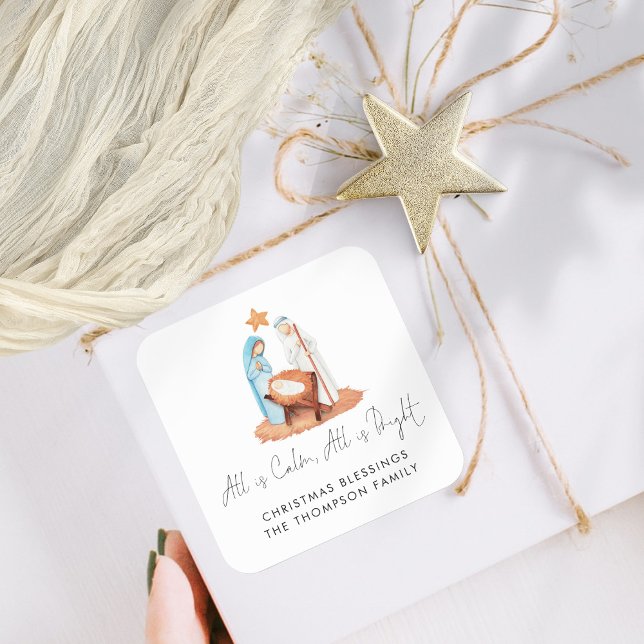 Einfache Krippenlandschaft ist alles ein ruhiger N Quadratischer Aufkleber (Mary Joseph  and Baby Jesus Manger All Is Calm Nativity Scene Christmas Gift Stickers)