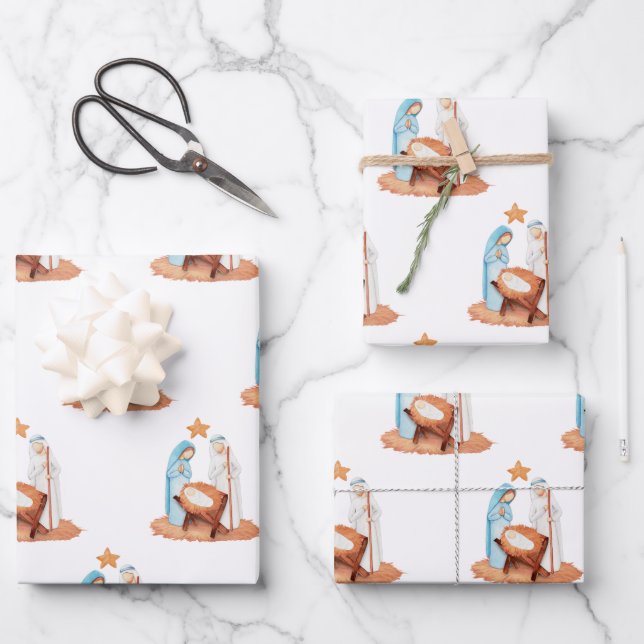 Einfache Krippenlandschaft Mary Joseph Weihnachten Geschenkpapier Set (Vorderseite)