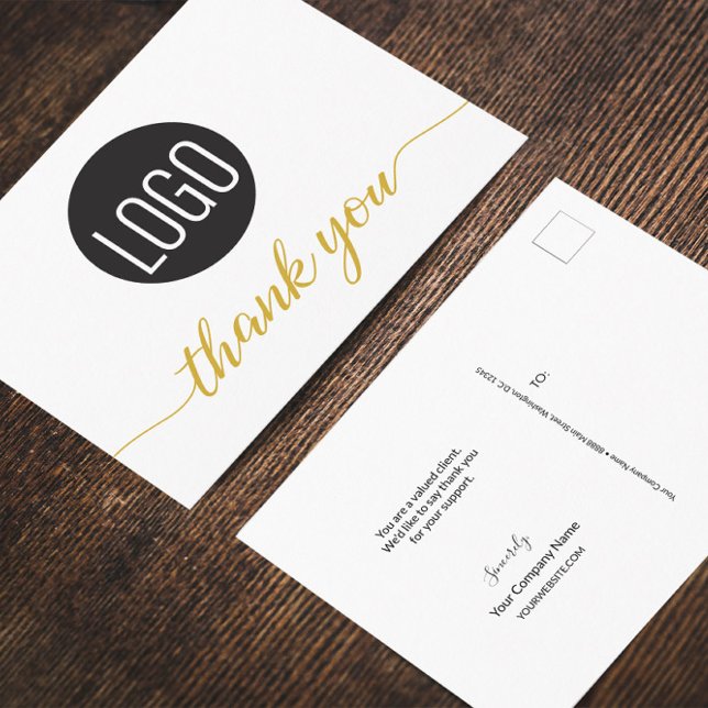 Einfache Kundenempfehlung für Unternehmen Vielen D Postkarte (Large business logo with gold hue elegant thank you script postcard. Thank you message wording.)