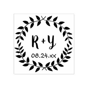 Einfache Laurel Wreath Rustic Wedding Monogram Dat Gummistempel