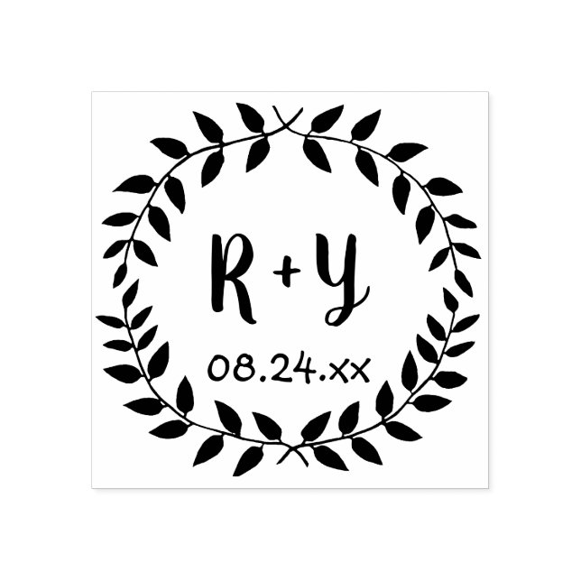 Einfache Laurel Wreath Rustic Wedding Monogram Dat Gummistempel (Prägung)