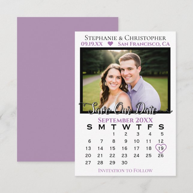 Einfache Lavendel & White Kalender & Foto Hochzeit Save The Date (Vorne/Hinten)