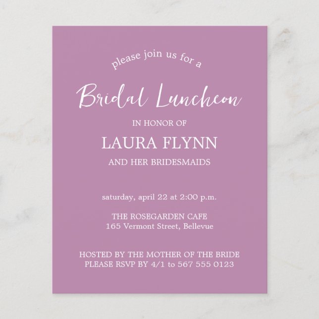 Einfache Lavender Budget Bridal Luncheon Einladung Flyer (Vorne)