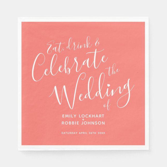 Einfache, lebende Korallen und weiße Hochzeitsnapk Serviette (Vorderseite)