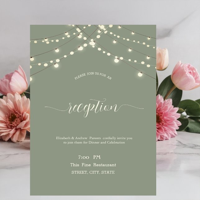 Einfache Lichterkette Hochzeit Sagegrün Einladung (Von Creator hochgeladen)
