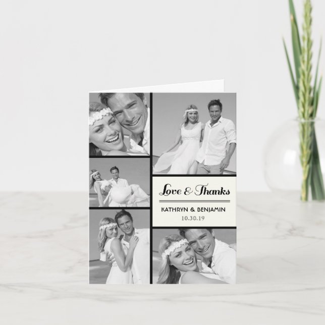 Einfache Liebe & Dank 5 Multi-Foto Moderne Hochzei Dankeskarte (Vorderseite)