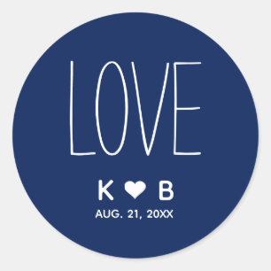 Einfache LIEBE Navy Blue Wedding Initials Monogram Runder Aufkleber
