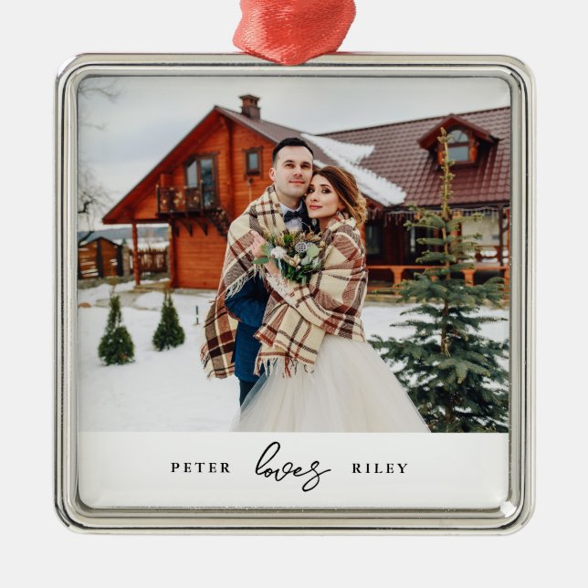 Einfache Liebe Script Personalisiert Couple Foto Ornament Aus Metall (Vorne)