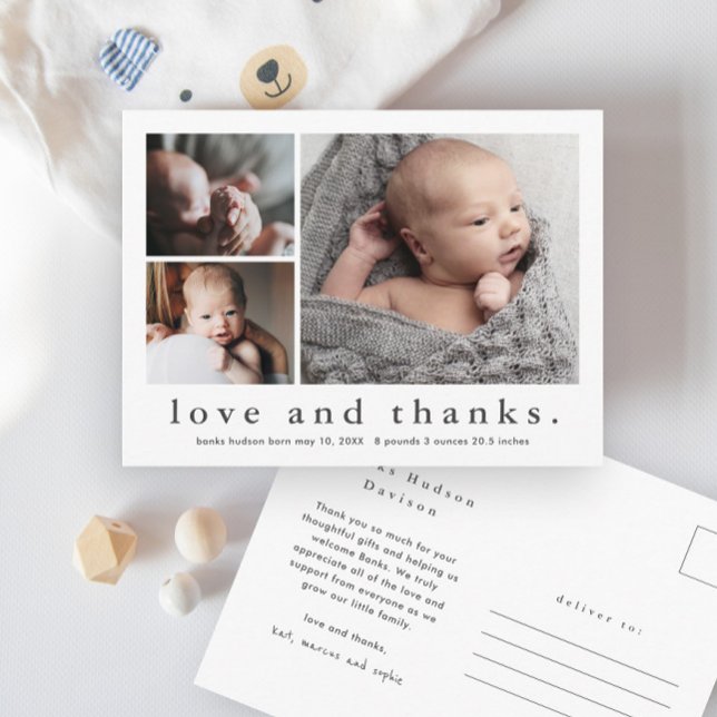 Einfache Liebe und danke 3 Foto Baby Vielen Dank Postkarte (Simple love and thanks typography baby photo thank you postcard.)