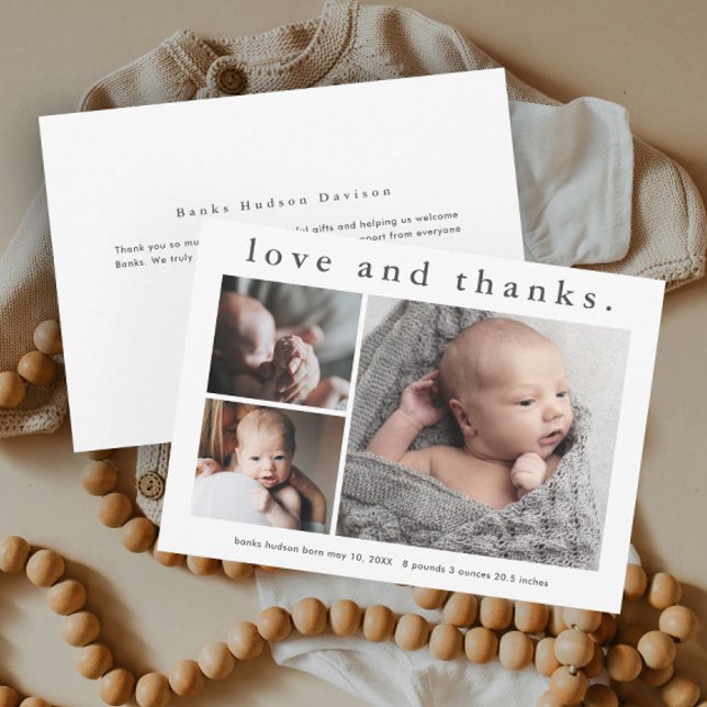 Einfache Liebe und vielen Dank für die Ankündigung (Simple type love and thanks baby photo announcement thank you cards.)