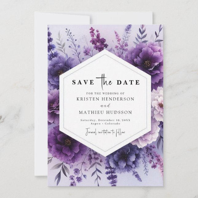 Einfache Lila Blumenhochzeit Save The Date (Vorderseite)