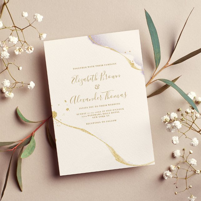 Einfache lila Glitzer- und Aquarellfeier Einladung (Simple purple watercolor and gold glitter wedding)