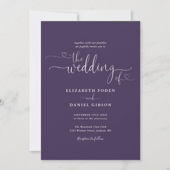 Einfache Lila Hearts Skript-Foto Hochzeit Einladung (Vorderseite)