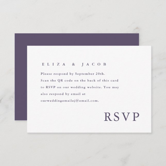 Einfache Lila Hochzeit RSVP QR Code (Vorne/Hinten)