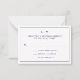 Einfache Lila Monogram Elegant Mini Wedding RSVP Mitteilungskarte