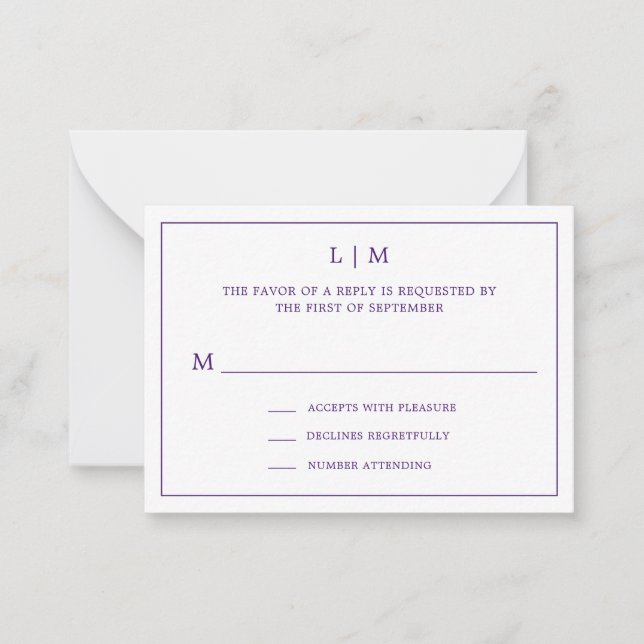 Einfache Lila Monogram Elegant Mini Wedding RSVP Mitteilungskarte (Vorderseite)