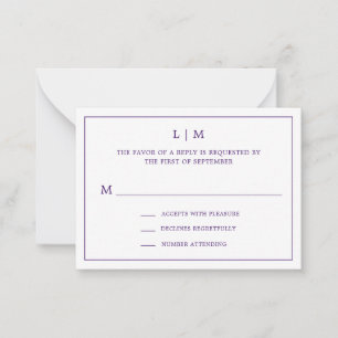 Einfache Lila Monogram Elegant Mini Wedding RSVP Mitteilungskarte