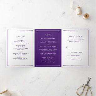 Einfache Lila Monogram Elegante Hochzeit Dreifach Gefaltete Einladung